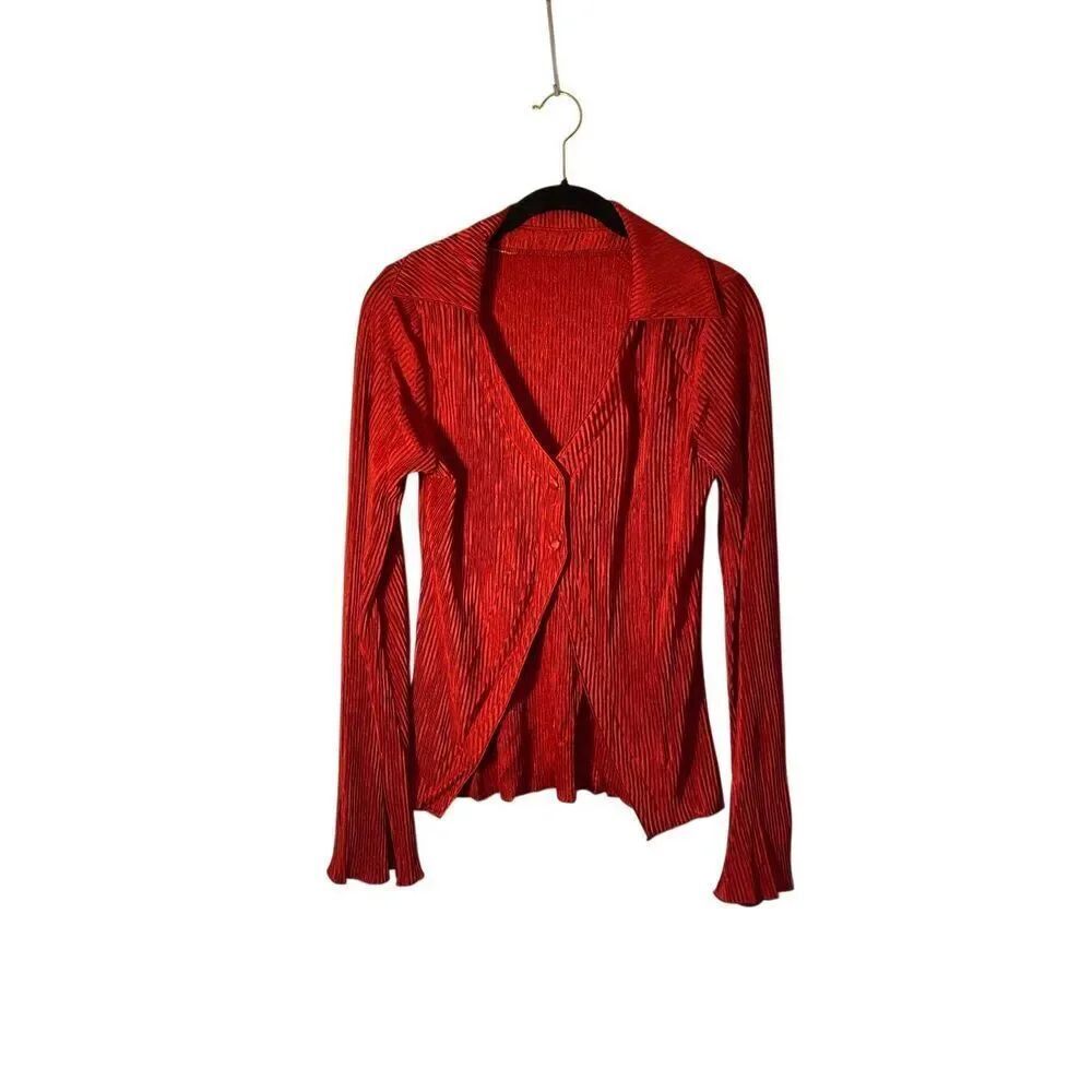 Lyaner women’s red, pleated V-neck bell sleeve cardigan Blouse whimsiGoth S
